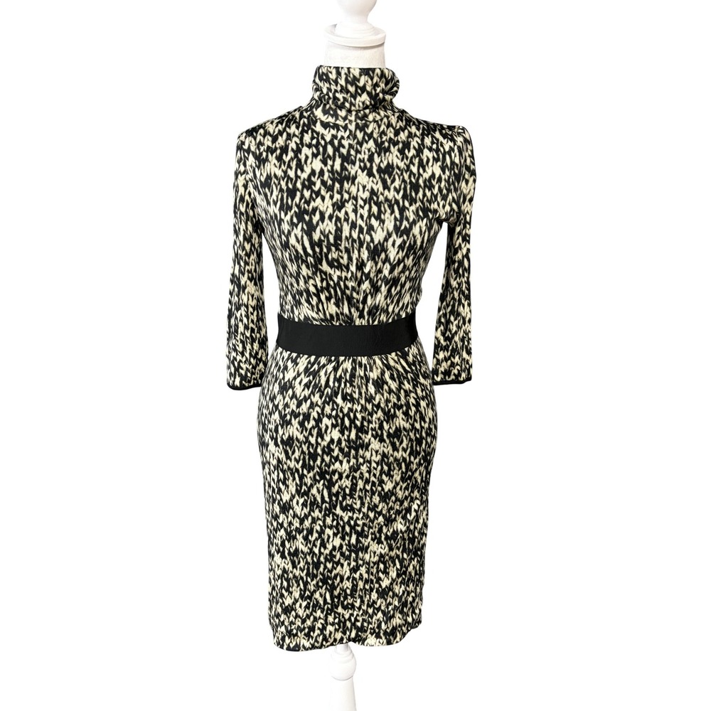 Giambattista Valli Dress Womens 40 Black Ivory Wool Turtleneck Midi Knit Italy S